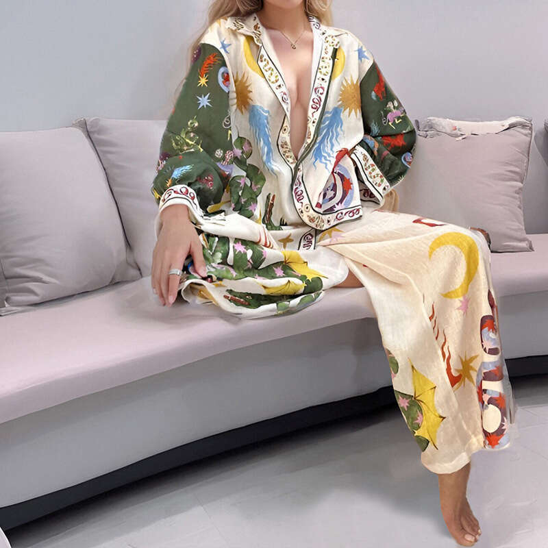 Printed Long Sleeve Shirt Loose Casual Women's Fashion Two-Piece Set B5 h7