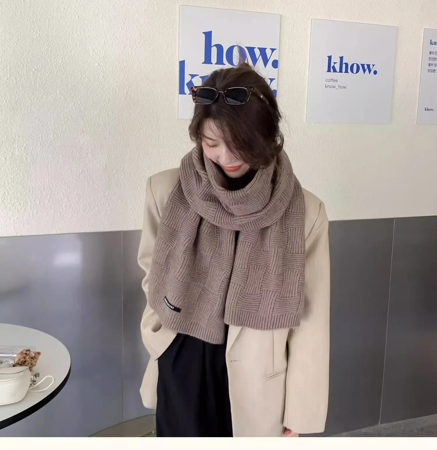 Unisex Knitted Wool Scarf for Women Men Winter Warm Solid Dark Green Red Plaid Small Check Pattern Versatile Neck Warmer 250806