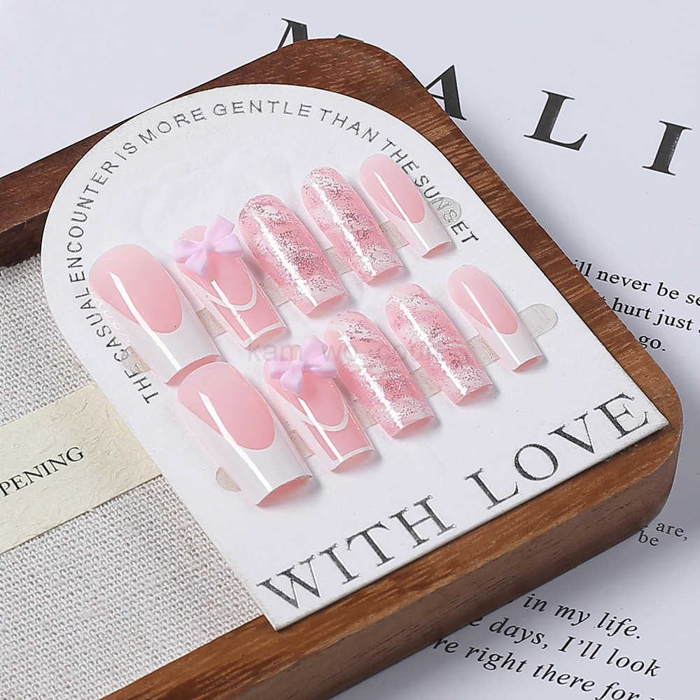 24Pcs Pink Bowknot French Fake Nails Patches 3D Pink Glitter Bow Long Coffin French False Nails Full Cover Acrylic Press-on Nails M250807