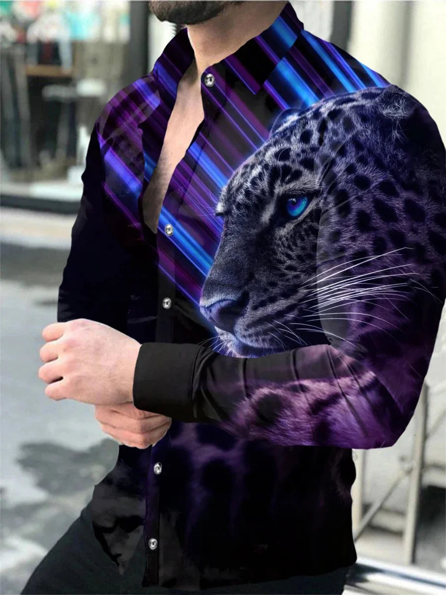 Funny 3D Lion Print Men Longsleeved shirt Fashion Animal Pattern TShirt Casual Lapel Loose Tops Mens Social Shirt y2k Clothes 250807