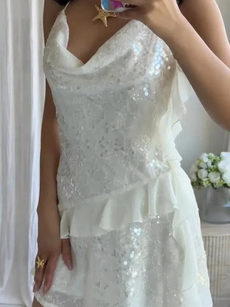 Sexy Sequin Ruffle Mini Sling Dresses Women Retro Sleeveless Glitter Low Cut Slim Short Dress Lady 2025 Summer Chic Street Party 250804