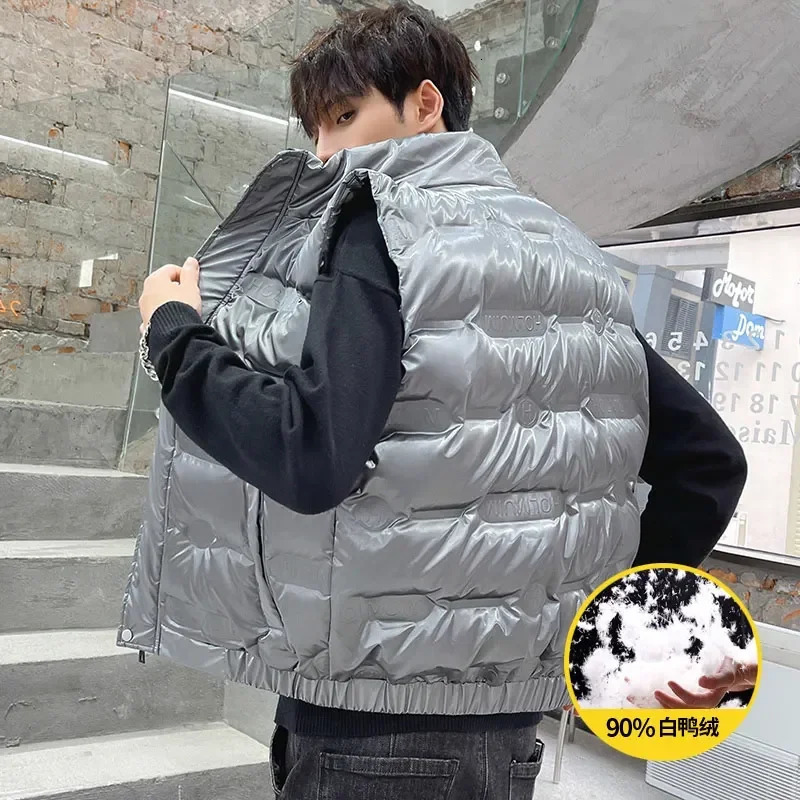 90% white duck down Waistcoat male Gielt Casual black sliver vests Man DOWN vests Thicken Men Winter Warm casual Bright Vest 250804