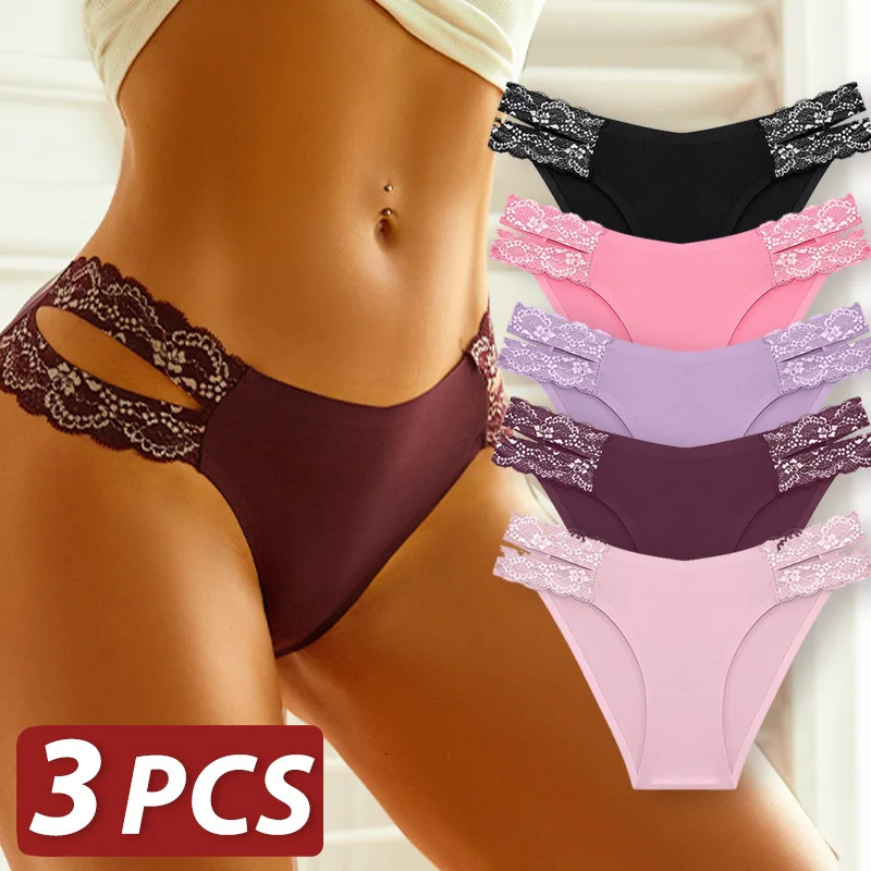 3PCS Sexy Women Seamless Panties Lace Waist Band aist Briefs Traceless Female Underwear Solid Color Breathable Soft Lingerie 250807