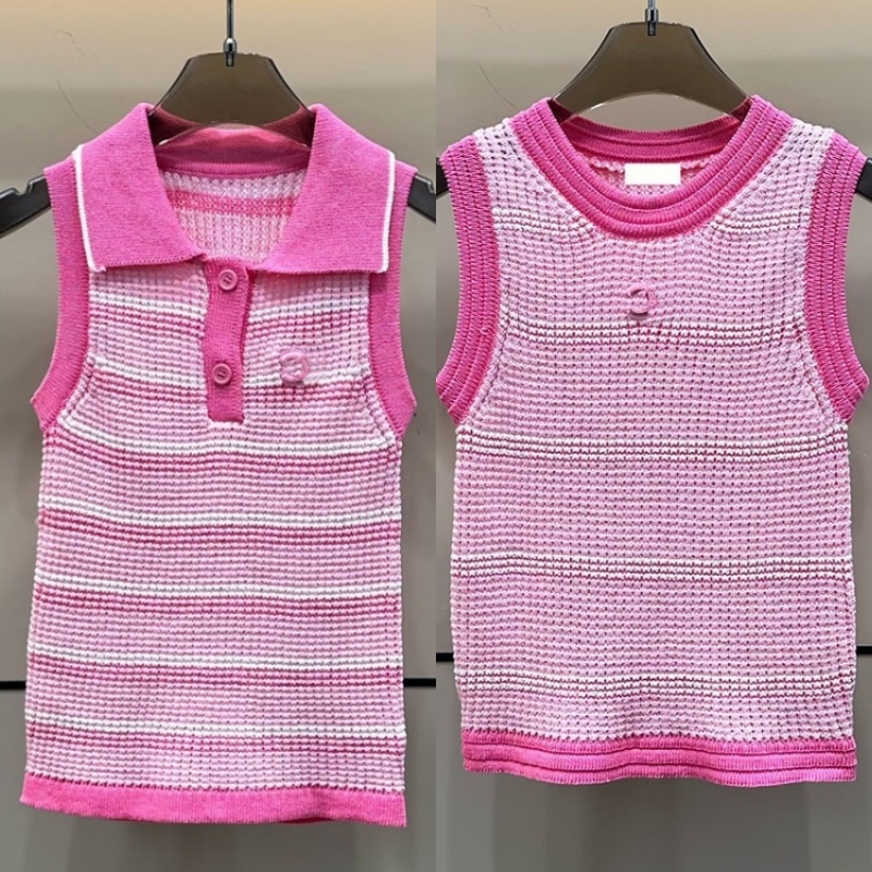 Luxury Striped Knitted Tank Top For Women Designer Pink Sleeveless Slim Fit Knits Vests Elegant Summer Vacation Birthday Singlet