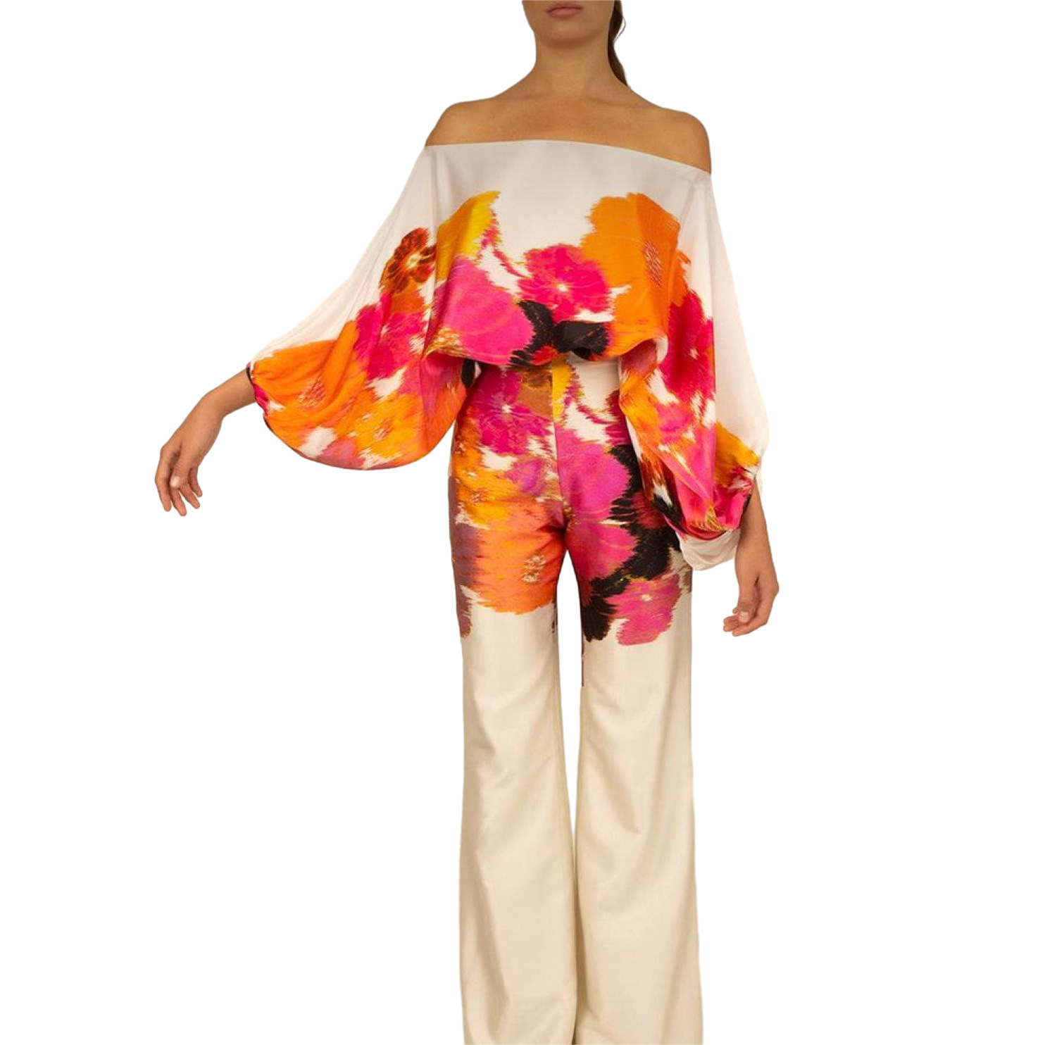 D9713 Womens Fashion Casual Satin Print Loose Off-Shoulder Top and Pants Two-Piece Set