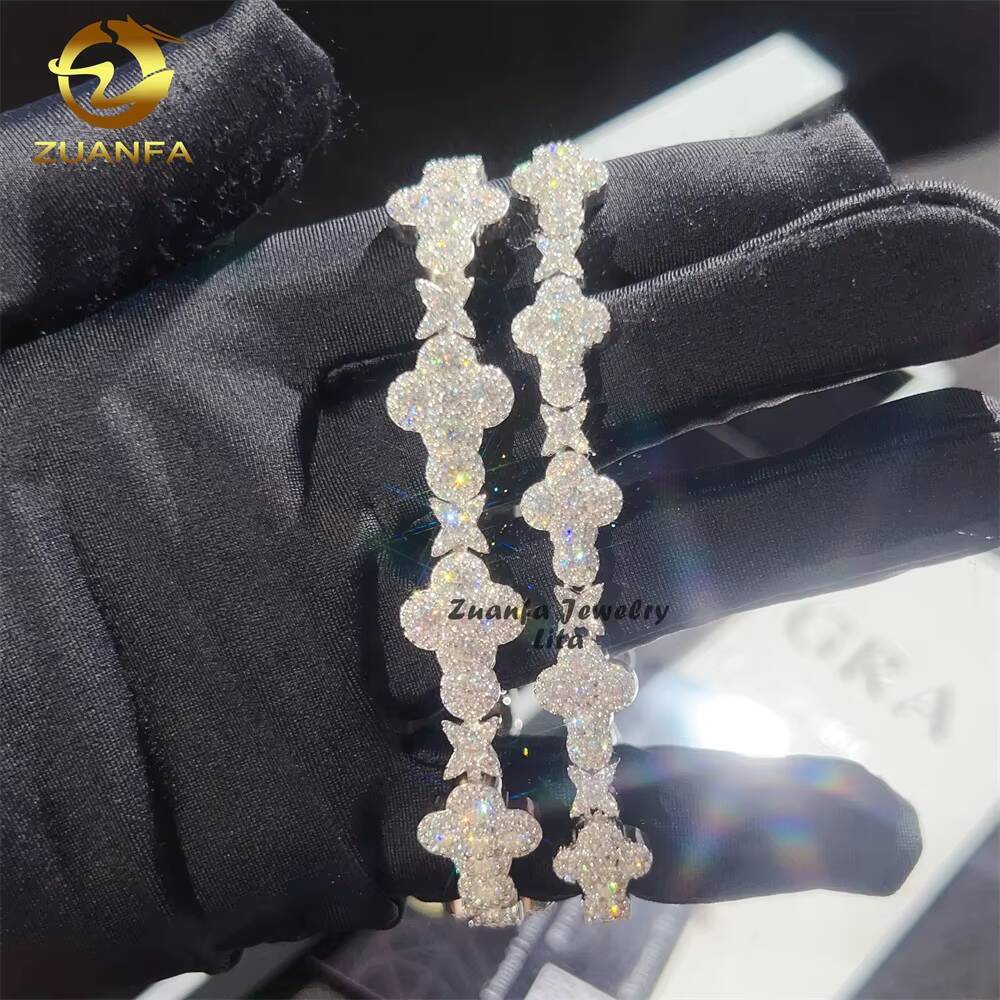Iced Out Jewelry 925 Sterling Silver GRA Certificate Diamond Moissanite Cuban Link Chain Cross Bracelet