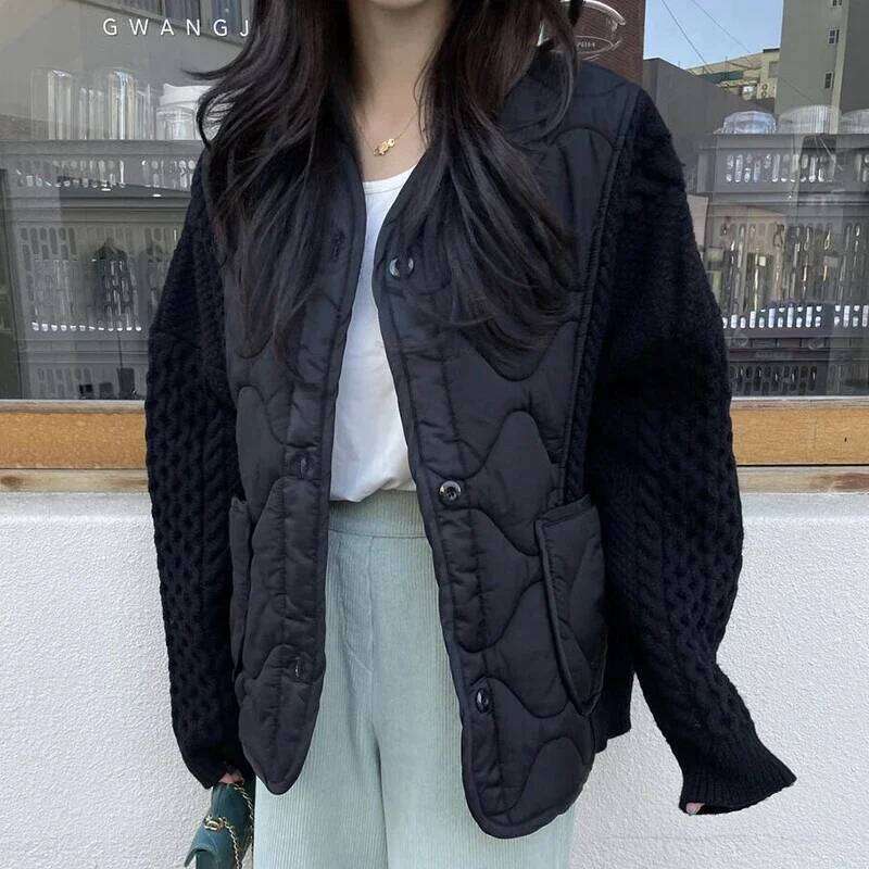 Designer Clothing 2025 KUSAHIKI Korean Autumn Winter Niche Versatile V-Neck Contrast Ing Knit Single Breasted Long Sleeved Parka Jacket For Women