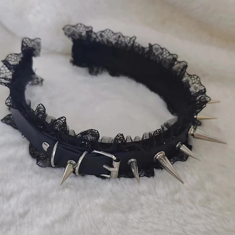 Y2K Harajuku Steampunk Gothic Lolita Punk Black Hairband with Dark Lace Rivet Pointed Nail Trendy Accessory for Women 250730