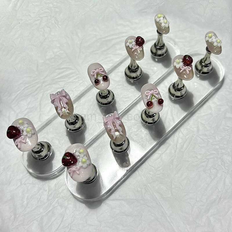 10 Pieces Summer Cute Sweet Style Handmade Press On Nails 3D Bow Cherry Strawberry Cat Eye Fake Nails Removable Reusable M250807