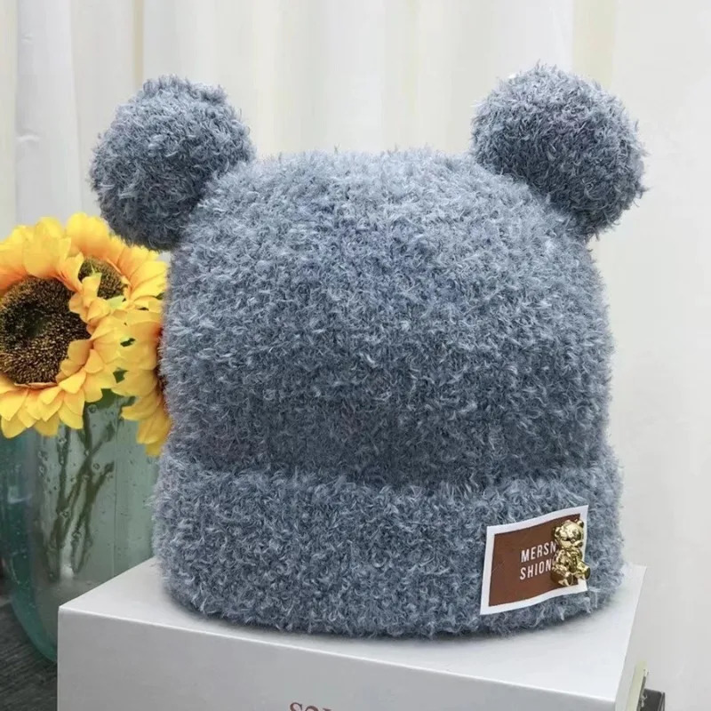 Winter Bear Plush Knitted Hat for Women Cute Furry Ear Beanie Non Elastic Fisherman Style Warm Soft Headwear for Cold Weather 250806