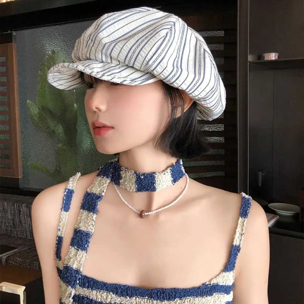 New Spring Summer Striped Berets Thin Y2k Octagonal Hat Casual Sunscreen Painter Cs Female XJ250807