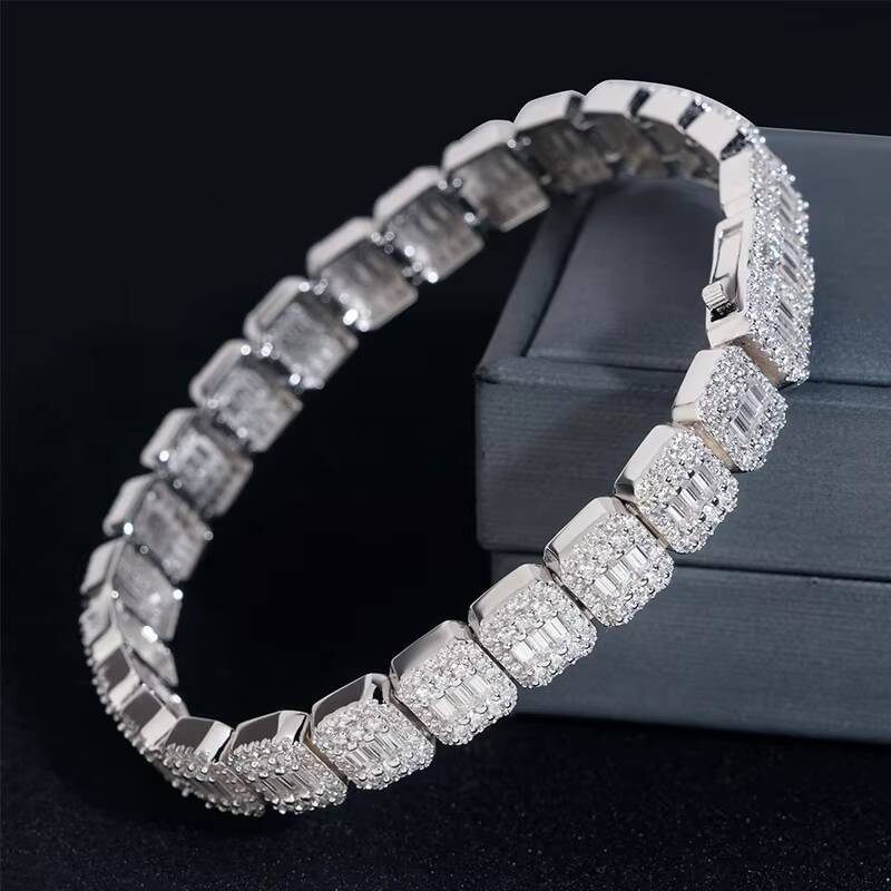 Hip Hop Jewelry 9mm White Gold 925 Silver Cluster VVS Baguette Moissanite Diamond Ice Out Tennis Bracelet for Men Women