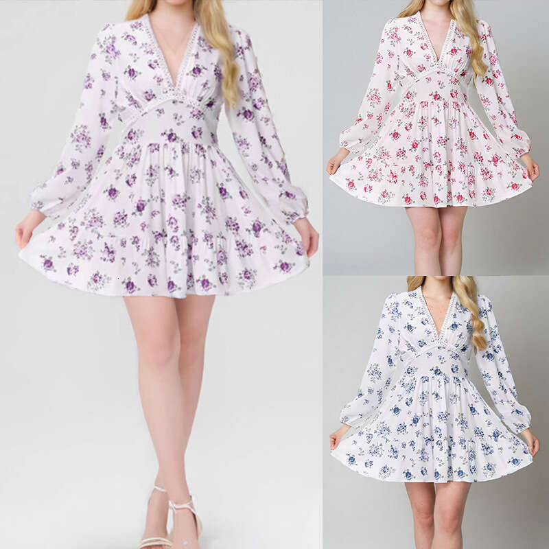 Spring New Women's Sweet Printed V-Neck Lace Short Sleeve Pleated Dress B5 h7