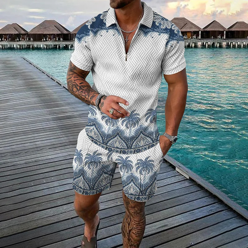 Casual Simple Mens Short Sleeve Sets Fashion Zipper Polo Shirts Shorts 2 Piece Outfit Summer Hip Hop Trend Loose Tees Top Suit 250807