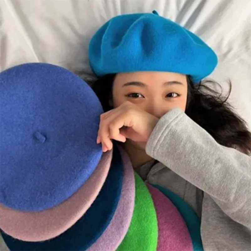 Vintage Winter Thick Warm Woolen Plain Beret Hat for Womens Girls French Artist Fashion Casual Solid Color Black Red Beanie C XJ250807