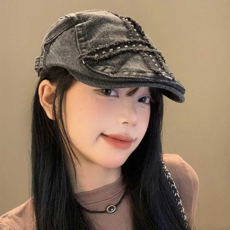 American Rivet Design Black Forward Hats for Women and Men Summer Casual Versatile Street Trend Retro Washed Denim Berets Y2k XJ250807