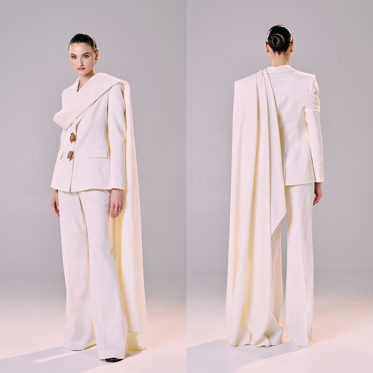 Exquisite Women Pants Suits With Cape Customized Ruffles Banquet Party Gowns 2 Pieces Ladies Business Sets