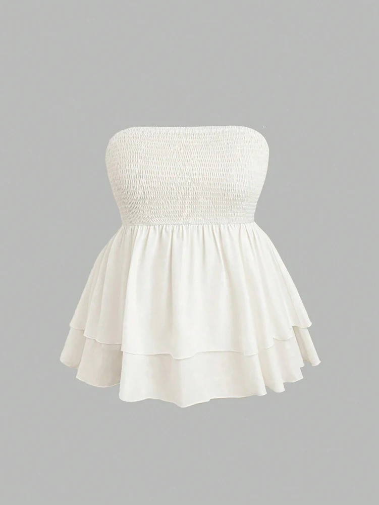 Plus Size Womens 2025 Summer Sleeveless Tube Holiday Style Solid Color Double Layer Ruffle Swing Tops 250807