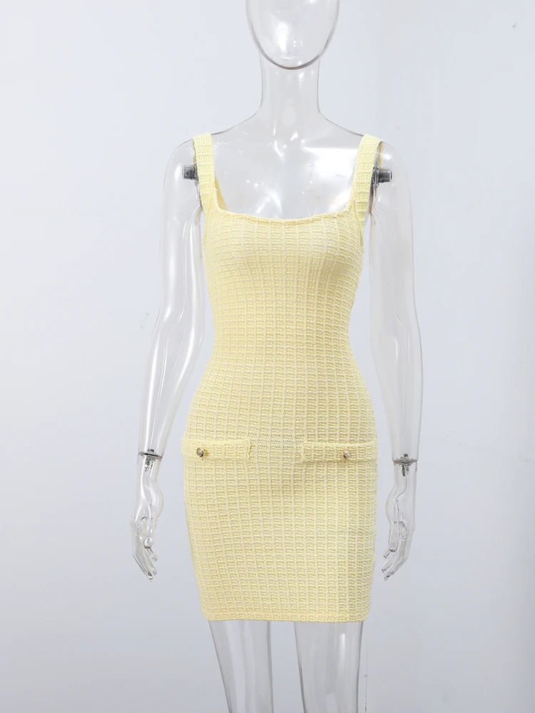 Sexy Knitted Tweed Short Dress Women Solid Slim Square Collar Backless Sleeveless Dresses Summer Holiday Beach Robes Lady 250807