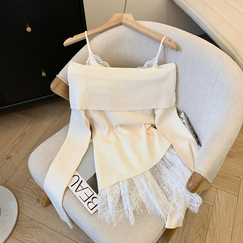 Women Black Gothic Strap Sweater Set Harajuku Korean Y2k Long Sleeves Jumper Sweaters Winter College Vintage 2000s Clothes 250806