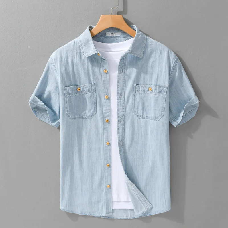 Light and Thin Summer Shortsleeved Denim Shirt for Men Casual Breathable Sweatwicking Suitable Daily Commuting 250807