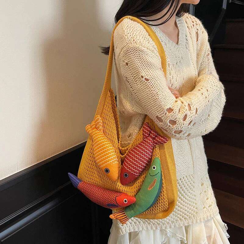 Lucky Fish Decor Shoulder Tote Bags For Women Woolen Knitted Large Capacity Shopper Totes Koi Design Casual Street Handbags 2025