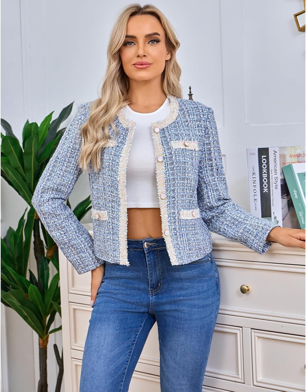 Women's Tweed Blazers Cropped Long Sleeve Crewneck Open Front Lace Trim Lightweight Plaid Work Business Jackets