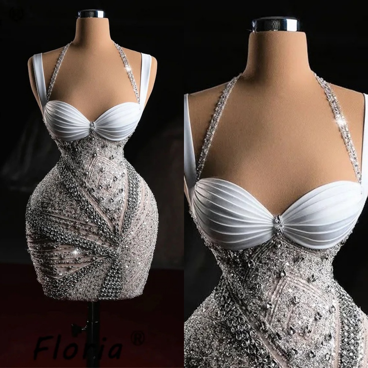 Sexy Mini Evening Dresses For Women Sweetheart Neck Sleeveless Gown Sequins Crystal Short Dress Party Customized Dress