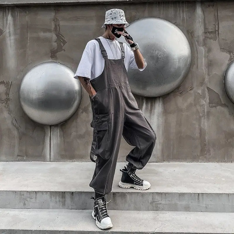 Mens Jumpsuit Womens Suspenders Hiphop Overalls Pants Male Loose Casual Long Trousers Solid Color Pockets Cargo 250804