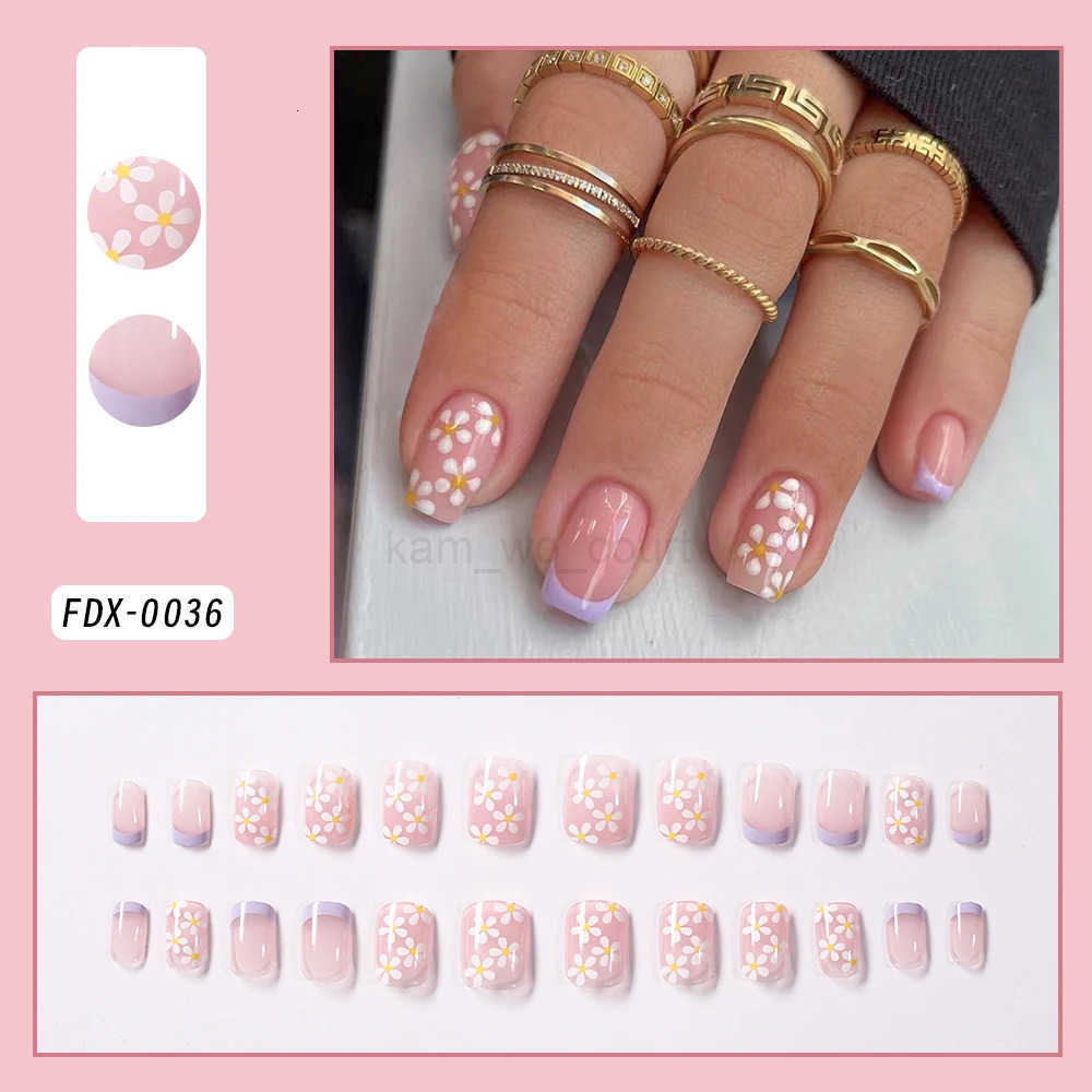 24pcs Purple French Daisy Fake Nails Square Round Glossy Harmless Press On Nail Tips DIY Line Art Full Cover False Nails for Girls M250807
