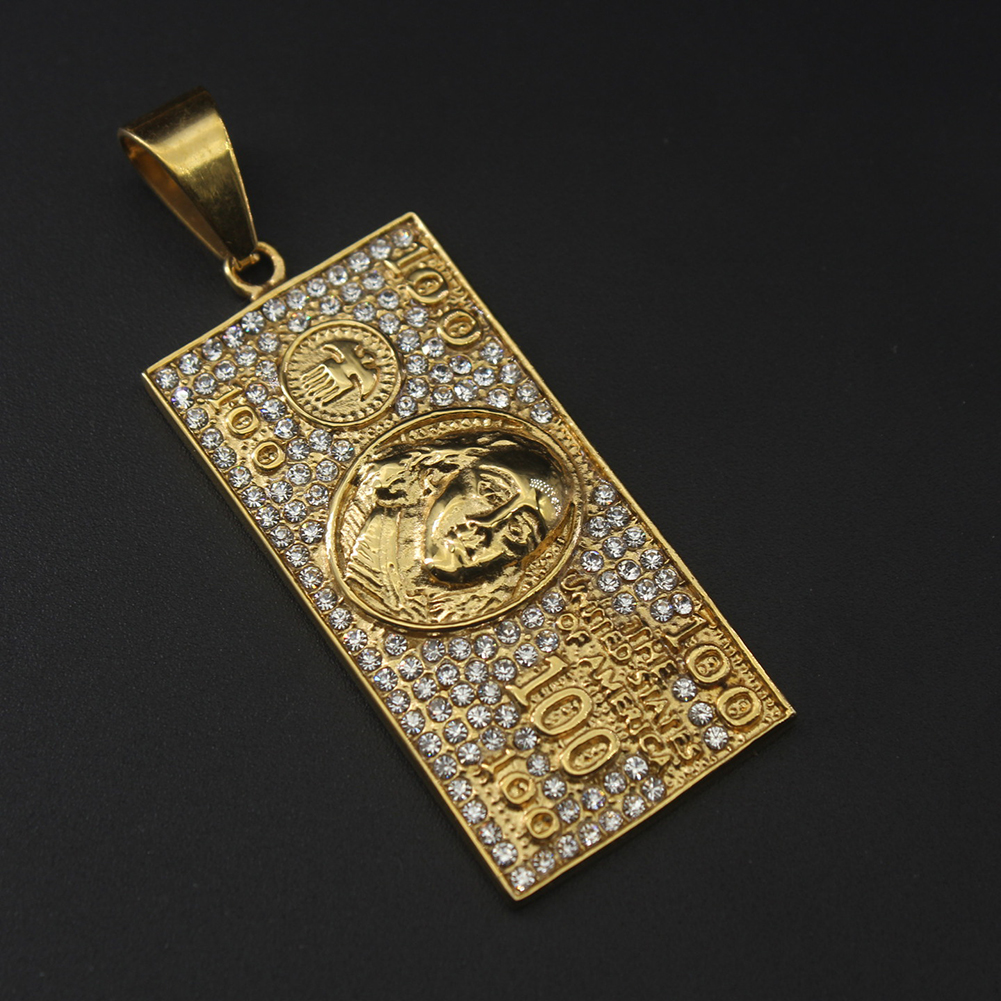 Hip Hop Hundred Dollars Pendant Necklace Stainless Steel Gold Plated Jewelry