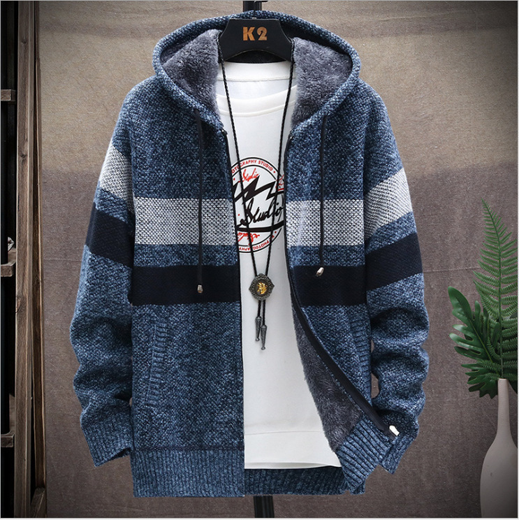 2025 men's jacket autumn and winter new products men's plus velvet thick color matching hooded sweater jacket jacket