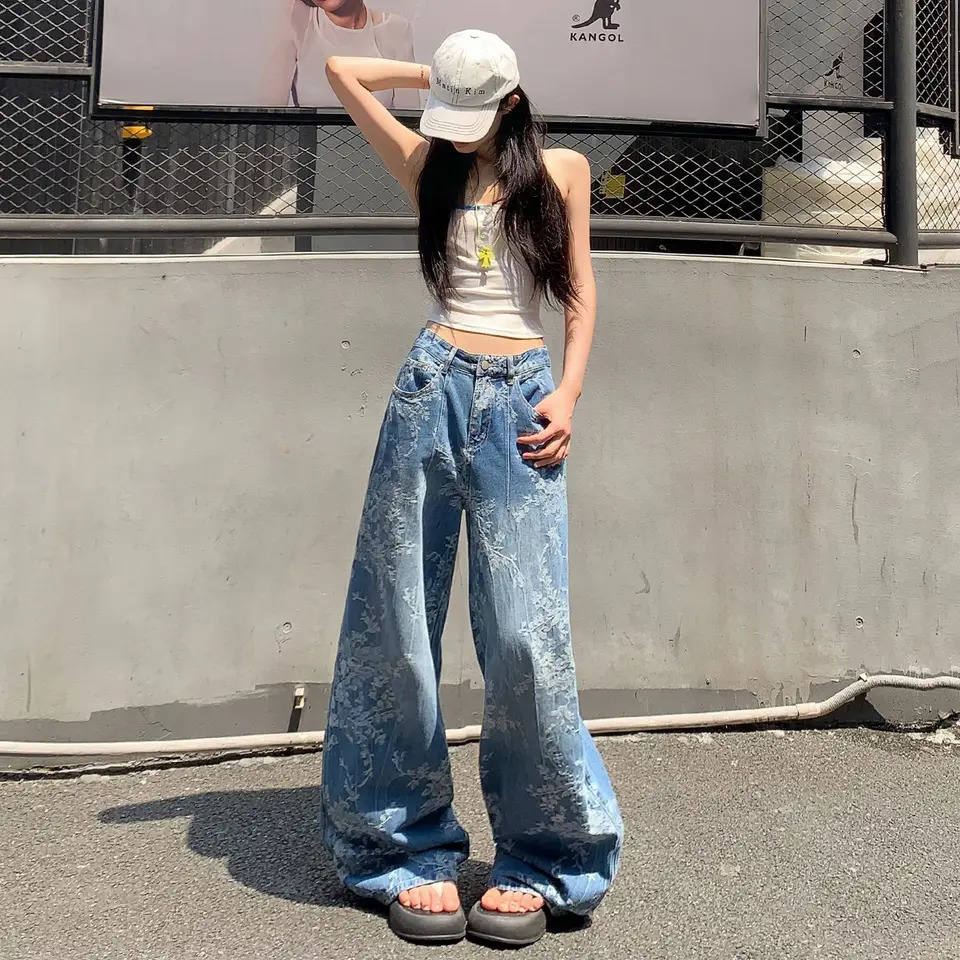 Womens Fashion Straight Jacquard Casual Denim Pants Arrival Female Wideleg Jeans Trendy Trousers 250807