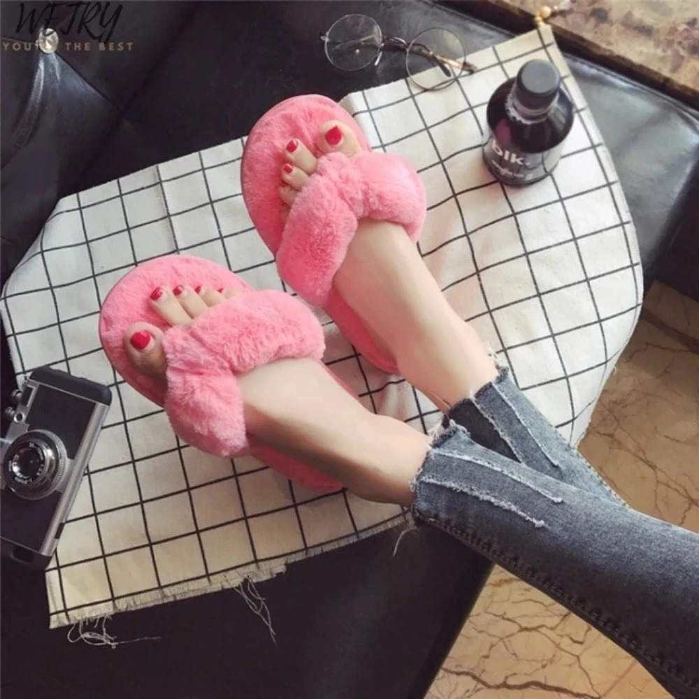 Warm Fluffy Slippers Women Cozy Faux Fur Cross Indoor Floor Slides Flat Soft Furry Shoes Ladies Female Celebrities Flip Flops 250805