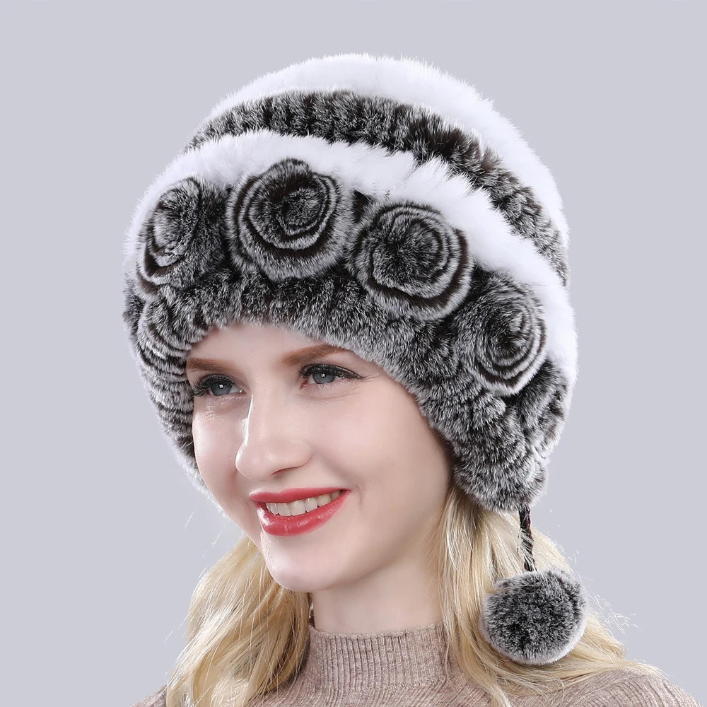 Winter Women Flowers Striped Natural Real Rex Rabbit Fur Hats Lady Warm Knit Genuine Fur Caps Russian Outdoor Fur Hats 250806