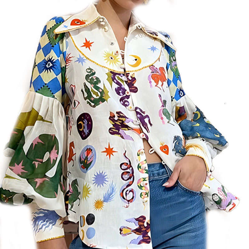 Women's Loose Graffiti Print Turn-Down Collar Lantern Long Sleeve Spring Cardigan Shirt B5 h7