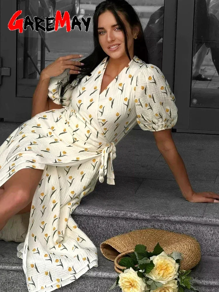 Summer Womens Light Long Dress 100 Cotton Aline Midi Dresses Muslin with Side Slits Flowers Elegant Beige for Women 250807