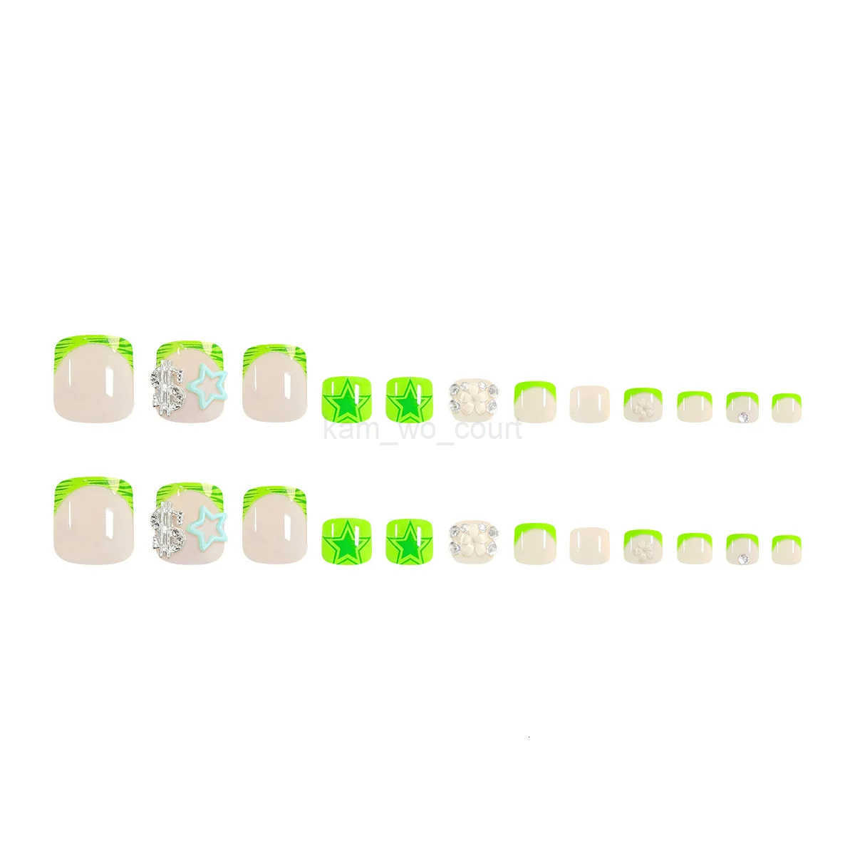 24pcs Summer Fake Toenail Patches with Star Rhinestone Design False Toe Nails Full Cover Wearable Green French Press on Toenails M250807