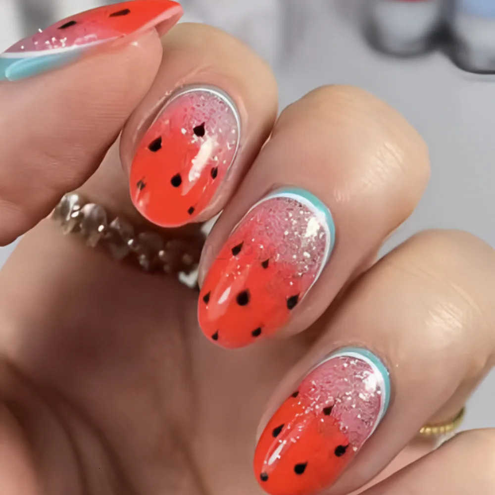 24pcs Colorful Fruit Printed Press On Nails Summer Dopamine Almond False Nails Full Cover Charming Fake Nails DIY Manicure Art M250807