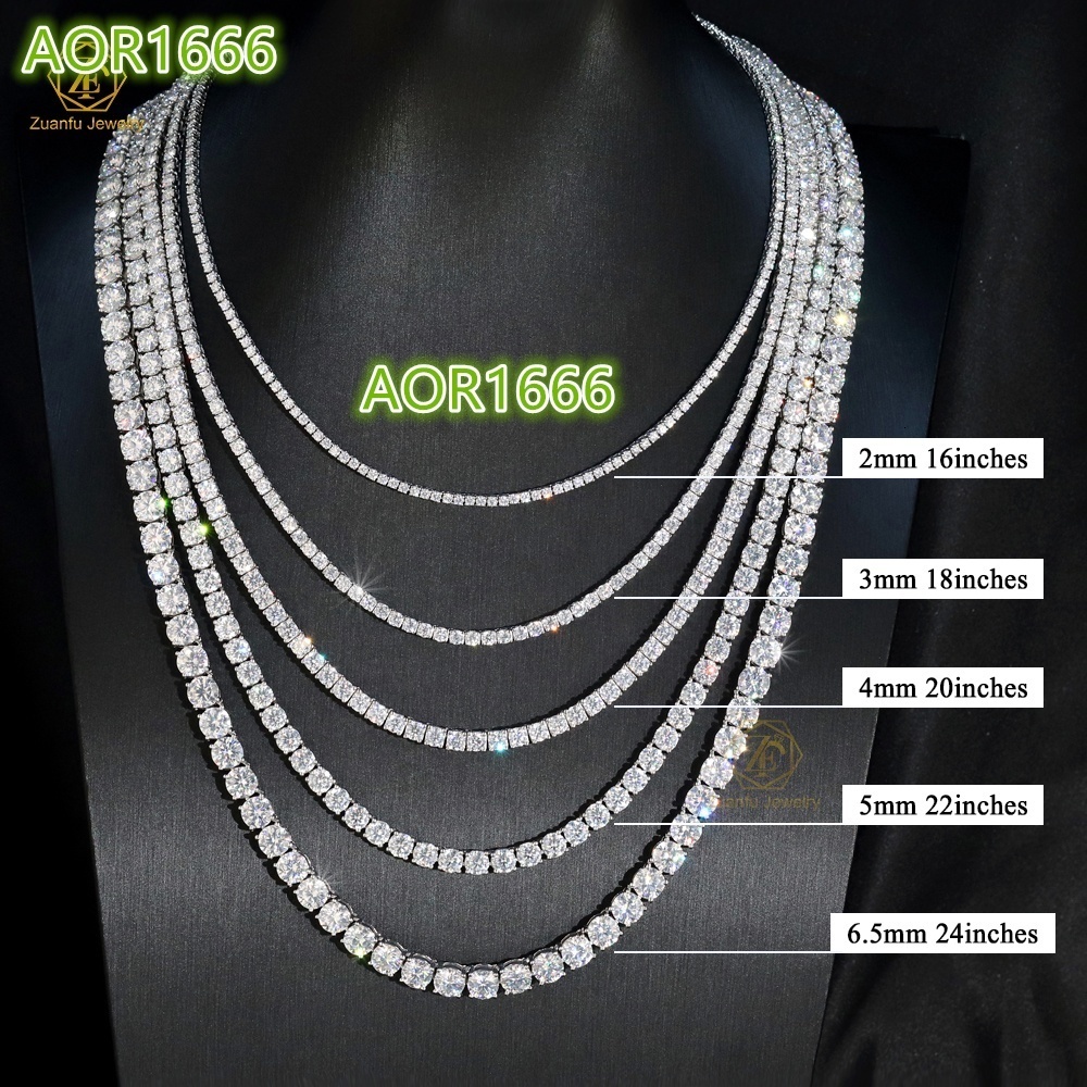 Tennis Necklace Bracelet Rhodium Plated 18K Gold 2mm 3mm 4mm 5mm 6.5mm Round 925 Sterling Silver VVS Moissanite Tennis Chain