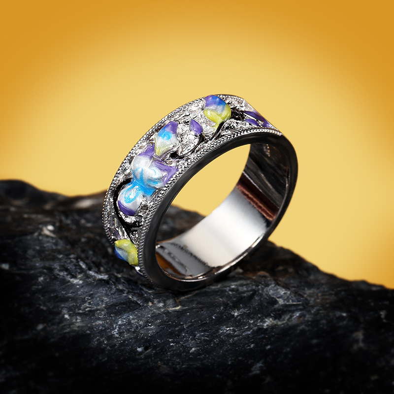 Silver Tone Enamel Inlaid Band Ring With Colorful Floral And Filigree Details Artistic And Vintage-Inspired Accessory Gift For Her Unique And Intricat