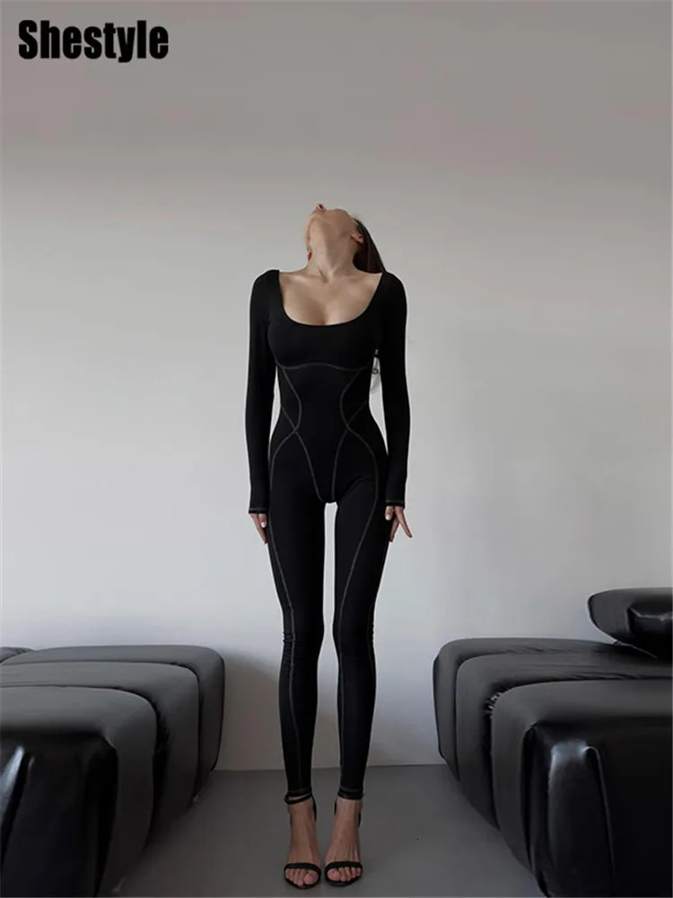 Shestyle Line Square Neck Sporty Jumpsuits Women Black Casual Bodycon BodyShape Slim High Street Playsuit Fitness Clothing 250807