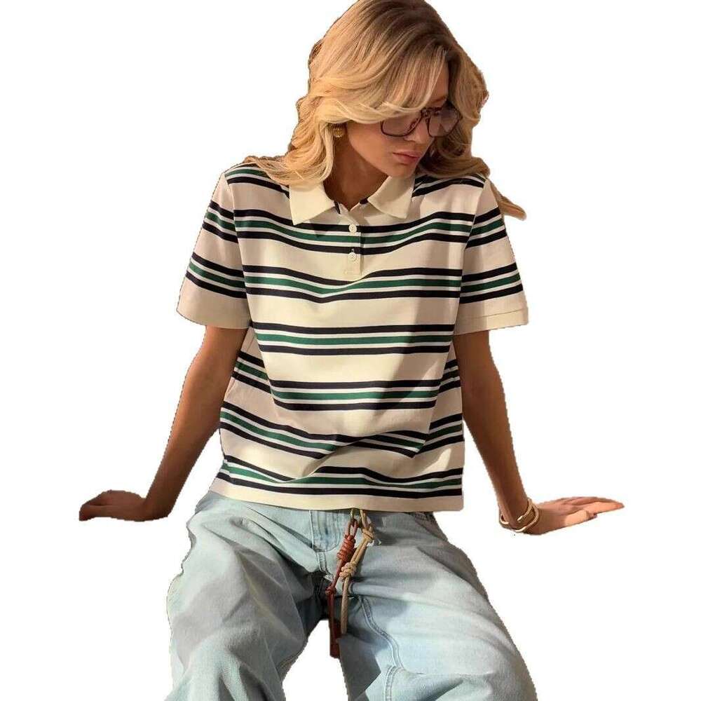 Summer New American Style Color Block Striped Polo Shirt Loose Short Sleeve T-Shirt For Women Ins B5