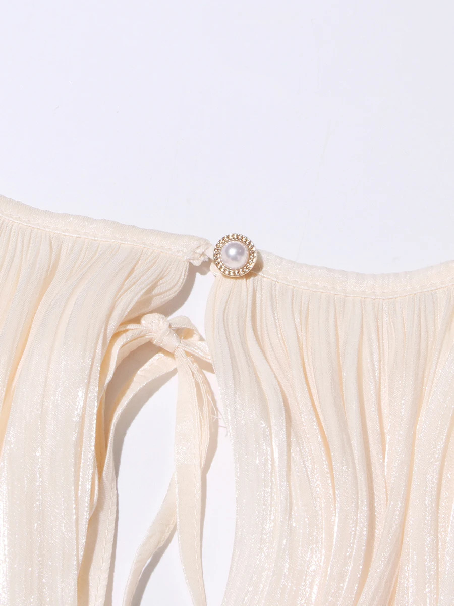 TWOTYLE Elegant Ruched Mini Dress For Women Round Neck Lantern Long Sleeve High Waist Temperament Dresses Female Fashion 250807