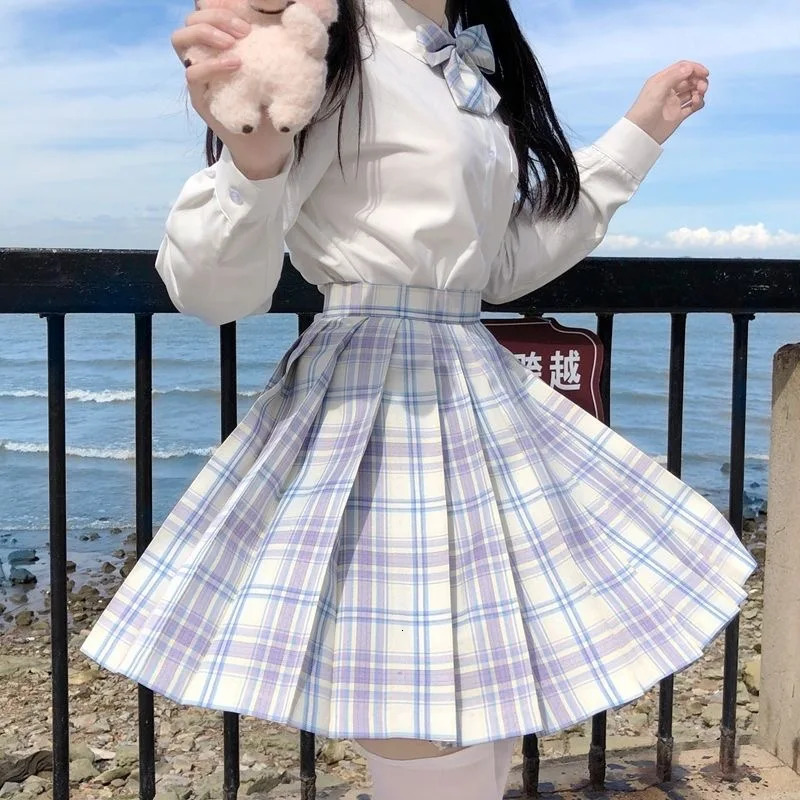 Starlight LongShort sleeve Summer High Waist Plaid Pleated Skirt Dress JK School Uniform Students Girls Clothes 250729