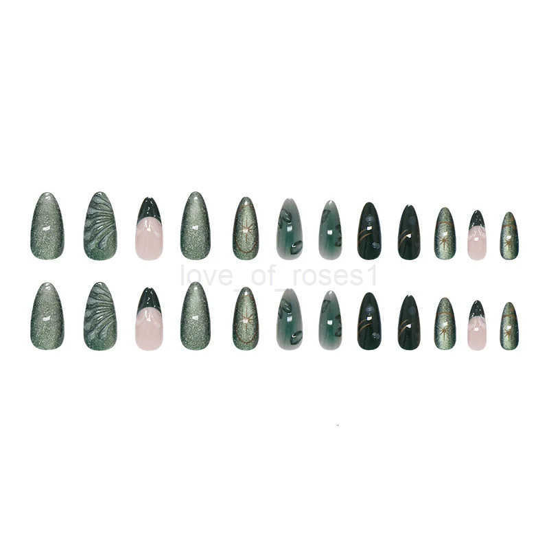 24pcs French Almond Press-on Nails Retro Green Cat Eye Fake Nail Tips Detachable Wearable Sweet Cool Spice Girl False Nails Z250807