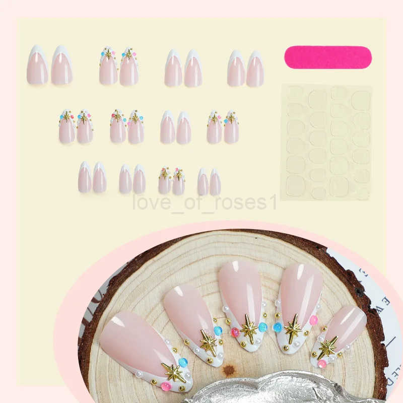 24pcs French Press on Nails Color Sparkling Diamond Decor y2k Style False Nails Wearable Fashion Korean Almond Fake Nail Tips Z250807