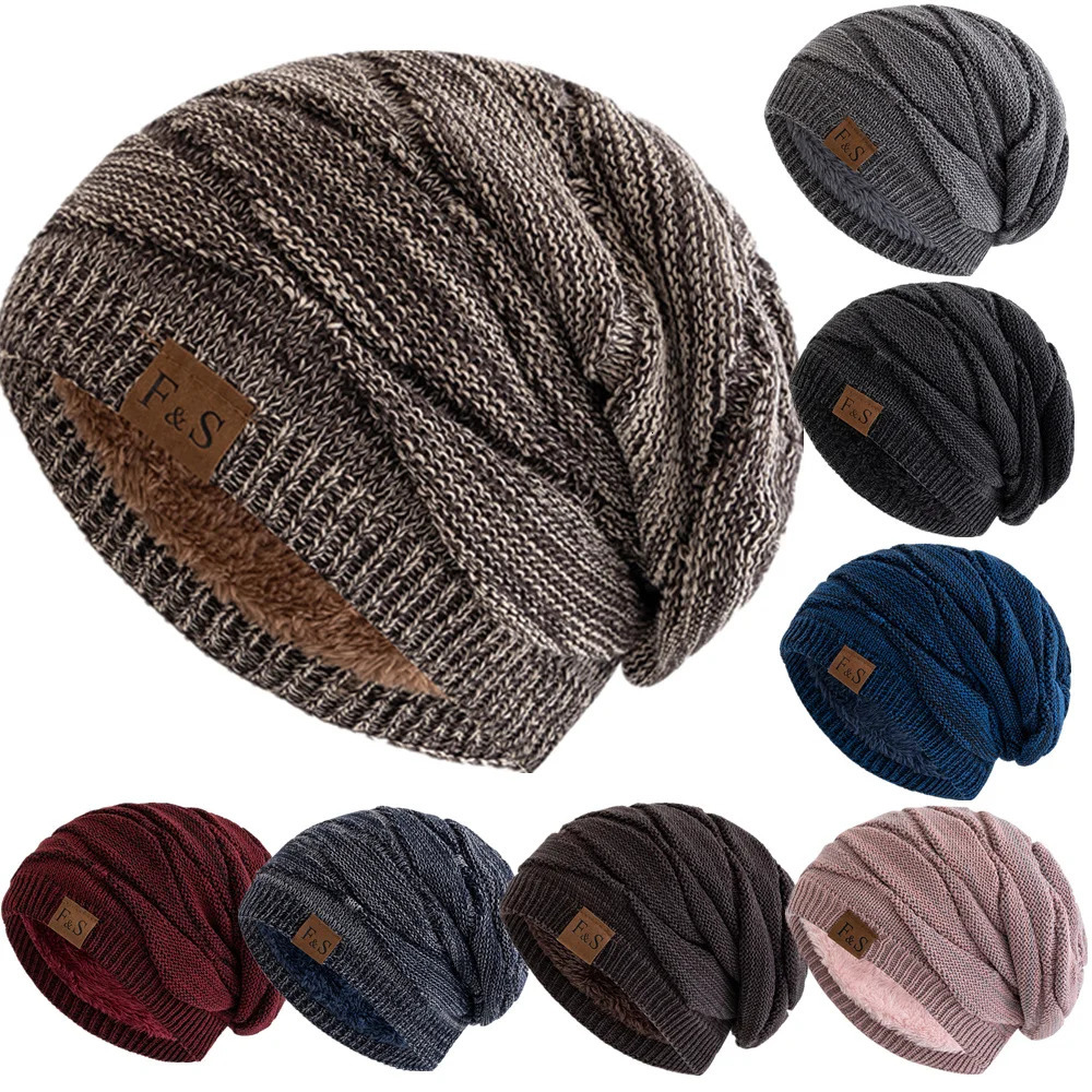 Unisex Slouchy Winter Hats Warm Fleece Lined Beanie Cap Men Women Casual Label Decor Winter Mixed Color Knitted Hats 250805