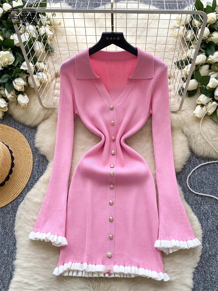 SINGREINY Autumn Sweet Basics Knit Dreess Female Long Sleeve Edible Tree Fungus Turndown Collar Slim Light y Women Dress 250807