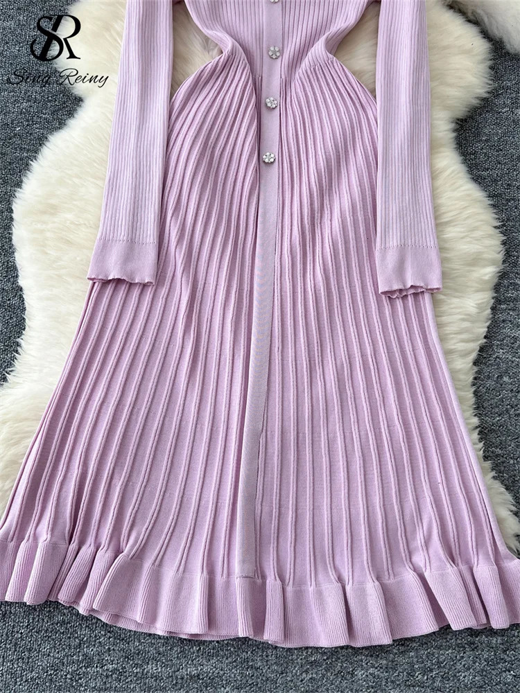 SINGREINY Autumn Knitting Sweater Dress Ladies V-Neck Single Breasted Full Sleeve Soft Slim Senior Knitted Casual Long Dress 250806